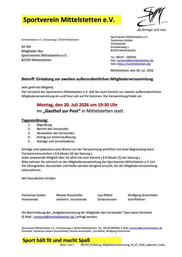 Einladung außerordentliche Mitgliederversammlung